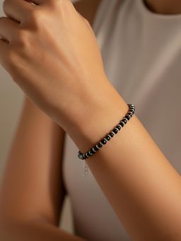 NVR - Women Silver Plated Black Beaded Adjustable Bracelet