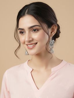 NVR - Women Elephant Design German Silver Oxidised Jhumka Earrings