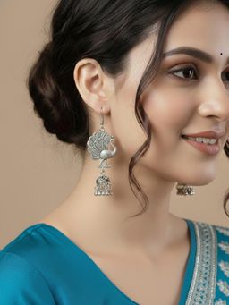 NVR - Women Peacock Design German Silver Oxidised Jhumka Earrings