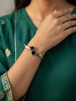 NVR - Women Silver Plated Black Cuff Bracelet