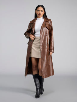 RSVP by Nykaa Fashion - Brown Faux Leather Longline Overcoat with Belt