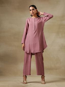 trueBrowns - Dark Mauve Bandhani Printed Silk Front Placket Co-ord (Set of 2)