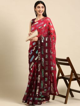 VAIRAGEE - Wine Sequins Work Georgette Saree with Unstitched Blouse