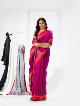 Angoshobha - Rani Pink Cotton Blended Festive Jamdani Saree with Unstitched Blouse