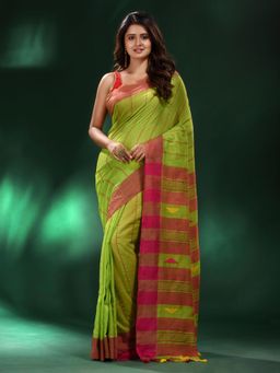 CHARUKRITI - Green Handspun Cotton Handwoven Saree with Unstitched Blouse