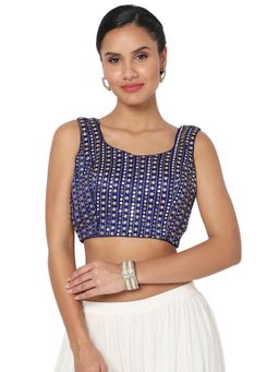 SALWAR STUDIO - Women Navy Blue Silk Blend Embroidered Readymade Saree Blouse