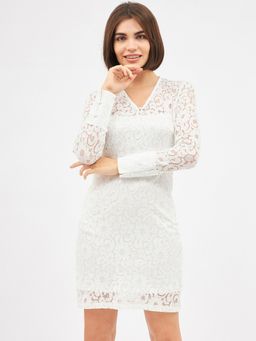 Kibo - Womens White V-Neck Nylon White Lace Dress