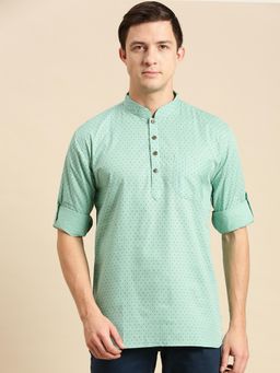 Sanwara - Men Printed Cotton Rolled Up Sleeves Short Kurta