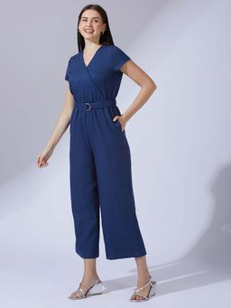 Globus - Women Navy Blue Wrap V-Neck Short Sleeves Long Jumpsuit with Belt (Set of 2)