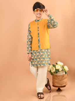 Lilpicks - Ethnic Motif Printed Kurta Pyjama With Jacket - Multi Color (Set of 3)