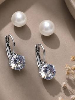 OOMPH - Anti Tarnish White Pearl and Cubic Zirconia Stud and Drop Earrings (Pack of 2)