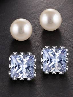 OOMPH - White Pearl and Crown Cubic Zirconia Anti Tarnish Stud Earrings (Pack of 2)