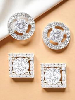 OOMPH - Anti Tarnish Silver Solitaire Cubic Zirconia Ear Stud Earrings (Pack of 2)