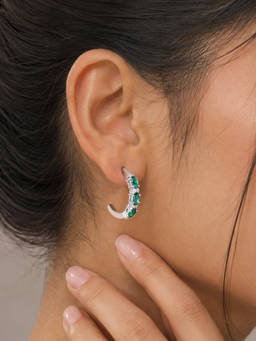 Ornate Jewels - 925 Silver Rhodium Plated Oval Green Emerald Cut C-Hoop Earrings