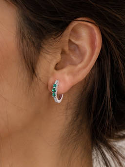 Ornate Jewels - 925 Sterling Silver Round Green Nano Huggie Hoop Earrings