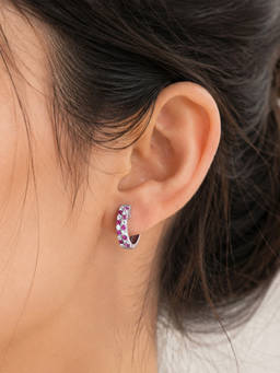 Ornate Jewels - 925 Sterling Silver Round Pink Double Row Hoop Earrings