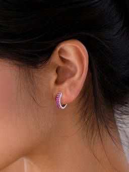 Ornate Jewels - 925 Sterling Silver Round Pink Double Row Hoop Earrings