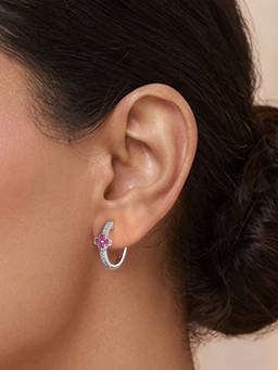 Ornate Jewels - 925 Silver Rhodium Plated Pink Four-Leaf Clover Hoop Earrings