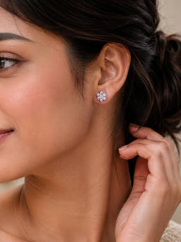 Ornate Jewels - 925 Silver Rhodium Plated Pink Cz Crystal Flower Stud Earrings