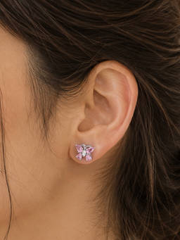 Ornate Jewels - 925 Silver Rhodium Plated Pink Cz Crystal Butterfly Stud Earrings