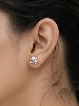 Ornate Jewels - 925 Silver Rhodium Plated Round White Pearl Starfish Stud Earrings