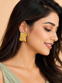 OOMPH - Gold Ridged Rectangular Anti Tarnish Stud Earrings