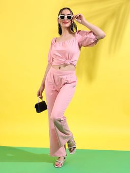 PINACOLADA - Womens Solid Baby Pink Knotted Waist Co-Ord (Set of 2)