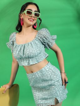 PINACOLADA - Womens Sage Green Cropped Self-Design Co-Ord (Set of 2)