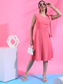 PINACOLADA - Womens Solid Blush Pink Dress with Ribbon Detail