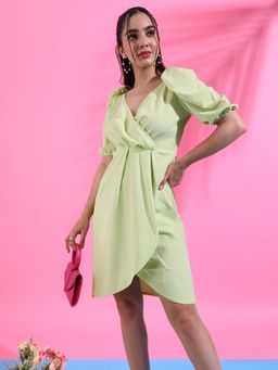 PINACOLADA - Womens Solid Lime Green Dress with Cinched Waist