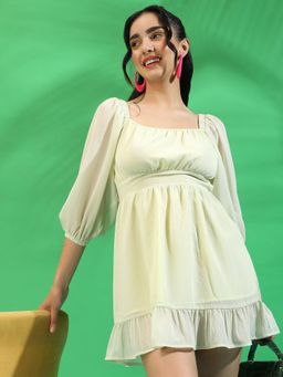 PINACOLADA - Womens Solid Light Yellow Balloon Sleeve Dress