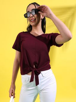 PINACOLADA - Womens Solid Maroon Top with Tie-up Detail