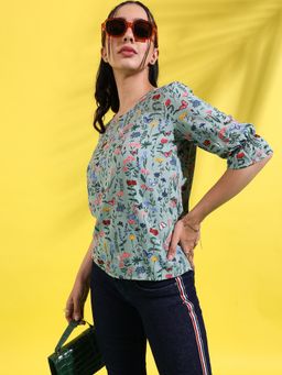 PINACOLADA - Womens Sage Green Botanical Print Top