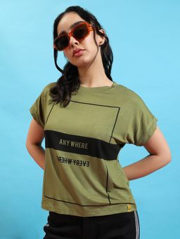 PINACOLADA - Womens Olive Green Anywhere Everywhere Typographic Print Top