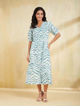 Fabindia - Women White Woven Design V-Neck Elbow Sleeves A-Line Dress