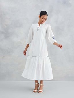 Fabindia - Women White Printed Mandarin Collar 3/4th Sleeves Tiered Dress