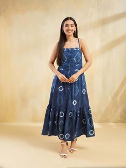 Fabindia - Women Navy Blue Tie and Dye Shoulder Straps Sleeveless Tiered Dress