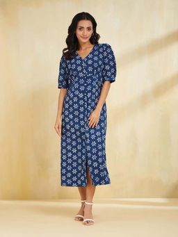 Fabindia - Women Navy Blue Printed V-Neck Elbow Sleeves A-Line Dress