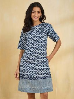 Fabindia - Women Navy Blue Printed Round Neck Elbow Sleeves A-Line Dress