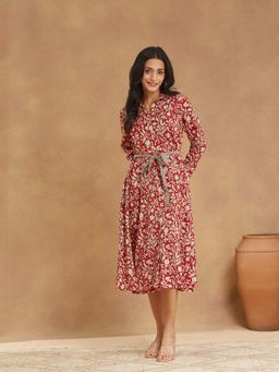 Fabindia - Women Red Printed Spread Collar Full Sleeves Fit and Flared Dress with Belt