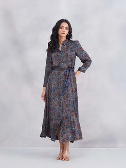 Fabindia - Women Blue Printed Spread Collar 3/4th Sleeves Shirt Dress with Belt