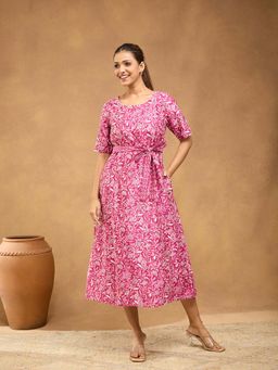 Fabindia - Women Pink Printed Round Neck Elbow Sleeves A-Line Dress with Belt