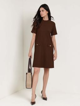FableStreet - Brown Round Neck Shift Dress