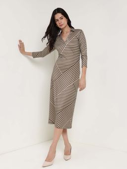 FableStreet - Beige Collared Patch Stripes Sheath Dress