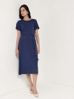 FableStreet - Navy Blue Round Neck A-Line Dress with Belt