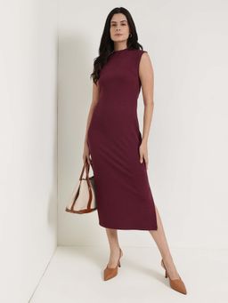 FableStreet - Burgundy High Neck Bodycon Dress
