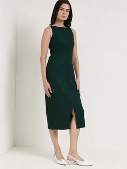 FableStreet - Green Boat Neck Sheath Dress