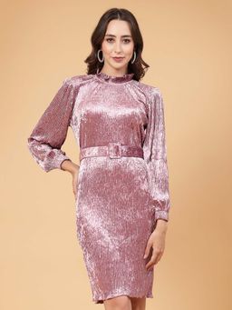 Mafadeny - Pink Pleated A-Line Dress Comes With A Belt