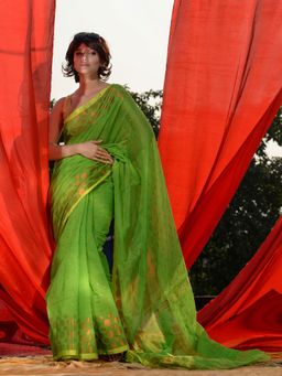 CHARUKRITI - Green Cotton Blend Handwoven Geometric Motifs & Zari Stripes Saree with Unstitched Blouse