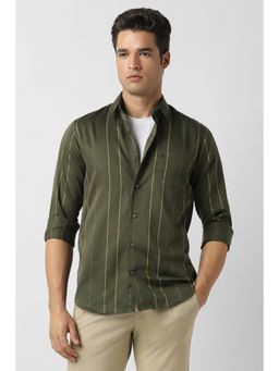 Peter England - Men Olive Slim Fit Stripe Full Sleeves Casual Shirt